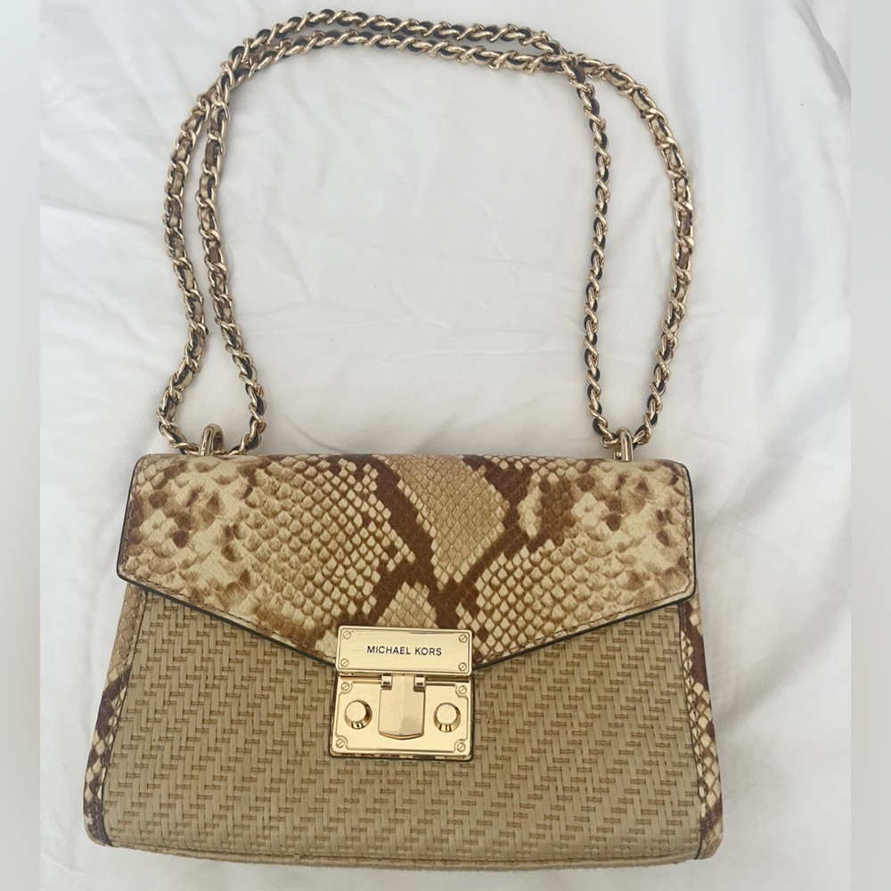Michael Kors Beige Brown Snake-Print Woven Crossbody with Gold Chain
